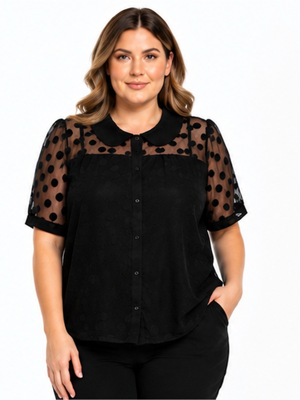 Tulip B Black Sheer Polka Dot Button-Down Blouse with Peter Pan Collar